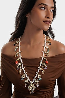 Gold Plated Navratna Stone & Pearl Drop Necklace