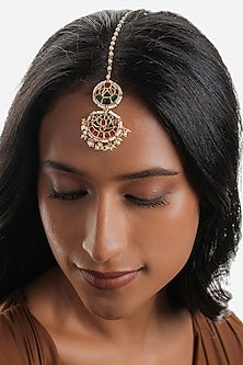 Gold Plated Kundan Polki Drop & Lotus Motif Maangtikka