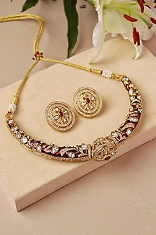 Gold Plated Kundan Polki & Ruby Stone Necklace Set