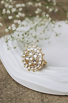 Gold Plated Kundan Polki & Pearl Ring