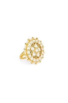 Gold Plated Kundan Polki & Pearl Ring