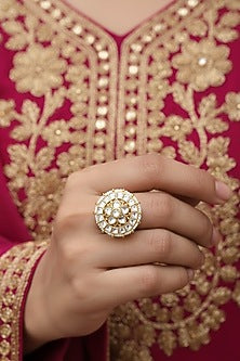 Gold Plated Kundan Polki & Pearl Ring