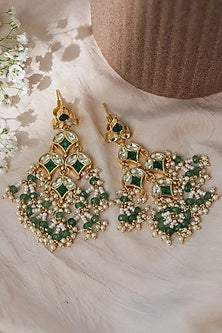 Gold Plated Green Kundan Polki Dangler Earrings