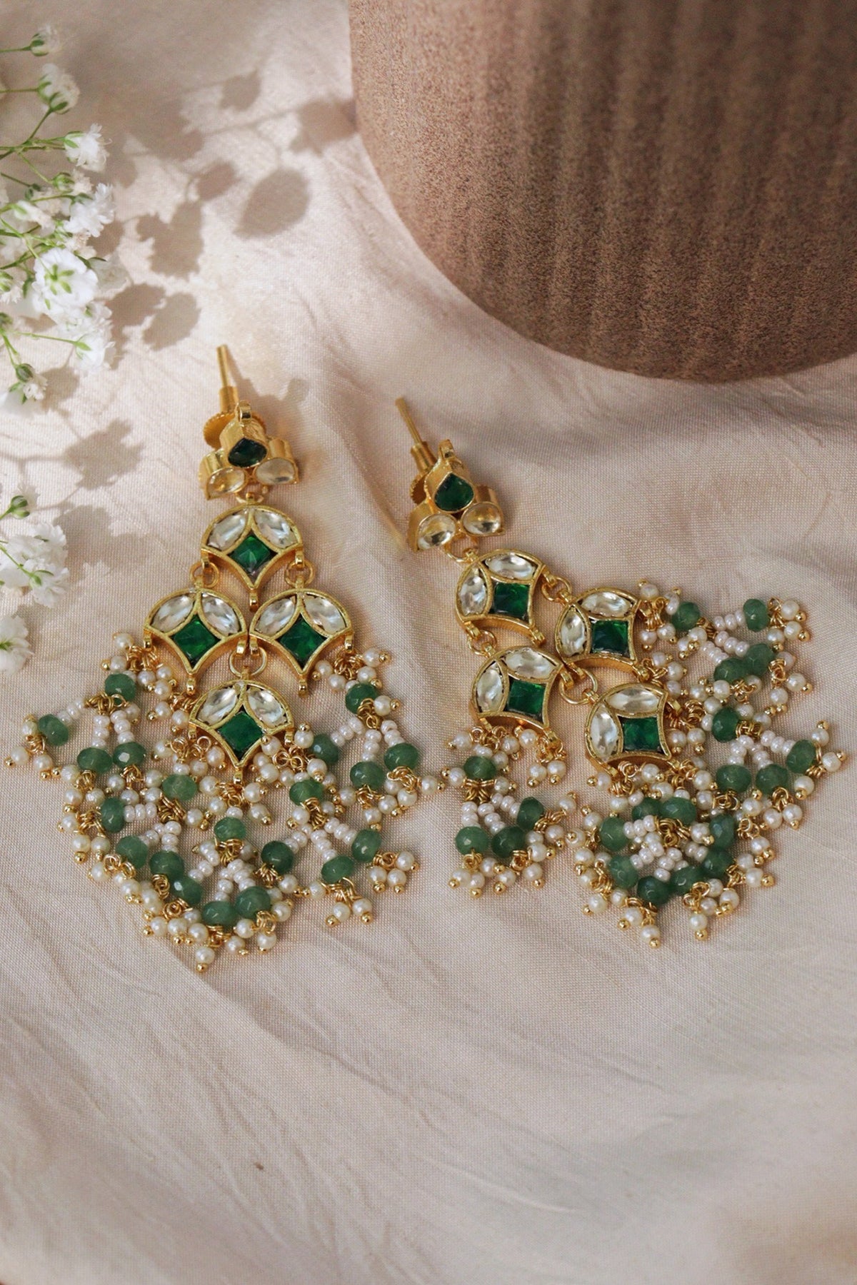 Gold Plated Green Kundan Polki Dangler Earrings