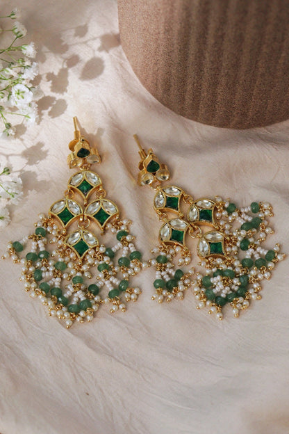 Gold Plated Green Kundan Polki Dangler Earrings