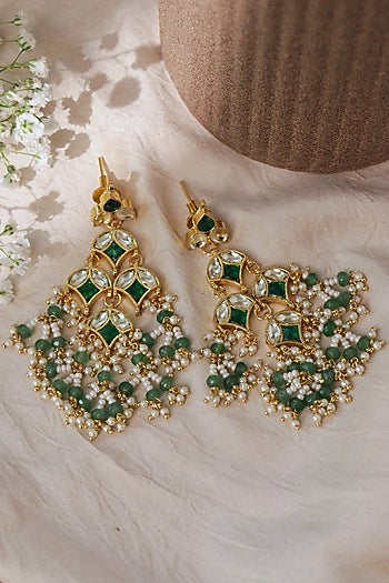 Gold Plated Green Kundan Polki Dangler Earrings