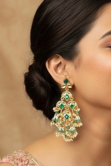 Gold Plated Green Kundan Polki Dangler Earrings