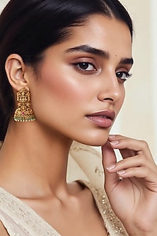 Gold Plated Semi-Precious Stone Temple Jhumka Earrings