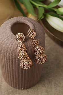 Gold Plated Semi-Precious Stone Temple Trio Jhumka Earrings