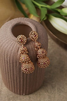 Gold Plated Semi-Precious Stone Temple Trio Jhumka Earrings