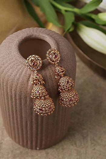 Gold Plated Semi-Precious Stone Temple Trio Jhumka Earrings