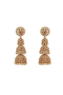 Gold Plated Semi-Precious Stone Temple Trio Jhumka Earrings