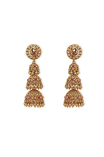 Gold Plated Semi-Precious Stone Temple Trio Jhumka Earrings