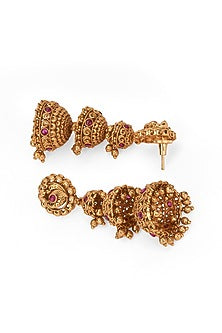 Gold Plated Semi-Precious Stone Temple Trio Jhumka Earrings