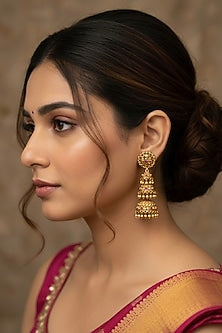 Gold Plated Semi-Precious Stone Temple Trio Jhumka Earrings