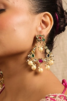 Gold Plated Navratna Gemstone Chandbali Earrings