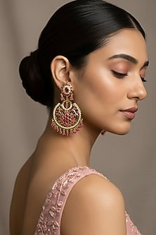 Gold Plated Blush Pink Stone Jadau Chandbali Earrings