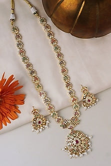 Gold Plated Multi-Colored Stone Jadau Long Necklace Set