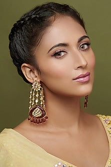 Gold Finish Red Semi Precious Stone Chandbali Bridal Earrings