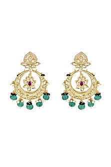 Gold Finish Forest Green Beaded Lotus Chandabali Bridal Earrings