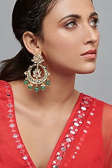 Gold Finish Forest Green Beaded Lotus Chandabali Bridal Earrings