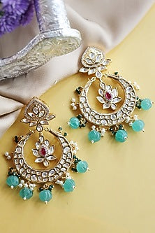 Gold Finish Forest Green Beaded Lotus Chandabali Bridal Earrings