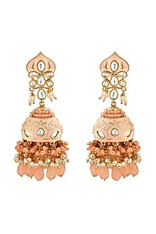 Gold Finish Light Peach Enameled Jhumka Bridal Earrings