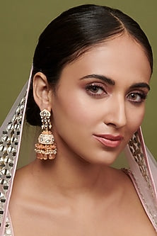 Gold Finish Light Peach Enameled Jhumka Bridal Earrings