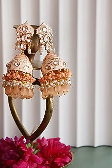 Gold Finish Light Peach Enameled Jhumka Bridal Earrings