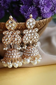 Gold Finish Pearl Paisley Jhumka Bridal Earrings