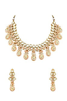 Gold Finish Pastel Pink Enameled Bridal Necklace Set