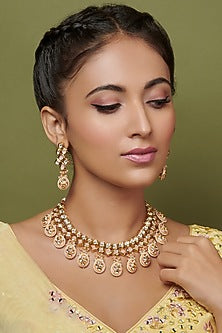 Gold Finish Pastel Pink Enameled Bridal Necklace Set