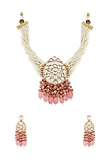 Gold Finish Pastel Pink Stone Choker Bridal Necklace Set
