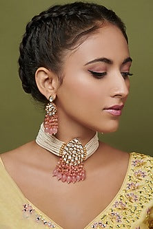 Gold Finish Pastel Pink Stone Choker Bridal Necklace Set