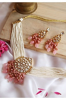 Gold Finish Pastel Pink Stone Choker Bridal Necklace Set