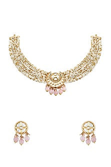 Gold Finish Pastel Pink Beaded Choker Bridal Necklace Set