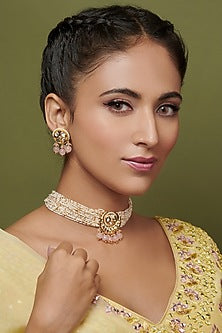 Gold Finish Pastel Pink Beaded Choker Bridal Necklace Set