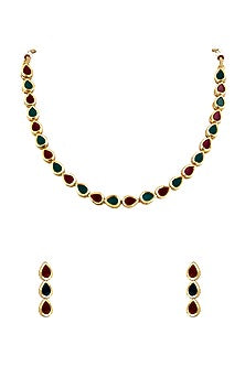 Gold Finish Multi-Colored Stone Leaf Bridal Necklace Set