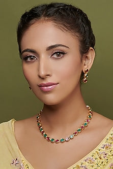 Gold Finish Multi-Colored Stone Leaf Bridal Necklace Set