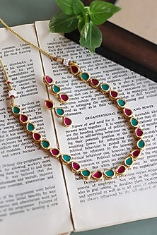 Gold Finish Multi-Colored Stone Leaf Bridal Necklace Set