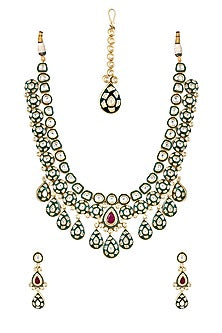 Gold Finish Emerald Green Enameled Long Bridal Necklace Set