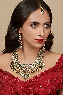 Gold Finish Emerald Green Enameled Long Bridal Necklace Set