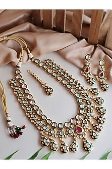 Gold Finish Emerald Green Enameled Long Bridal Necklace Set