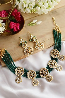 Gold Finish Green Onyx Choker Necklace Set