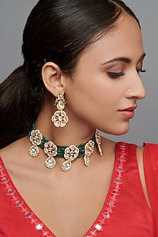 Gold Finish Green Onyx Choker Necklace Set
