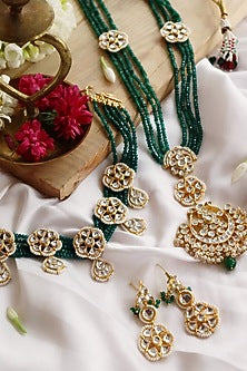 Gold Finish Kundan Polki Long Bridal Necklace Set