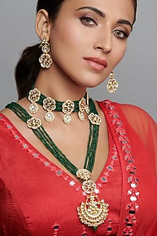 Gold Finish Kundan Polki Long Bridal Necklace Set