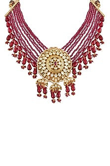 Gold Finish Red Beaded Choker Necklace Set