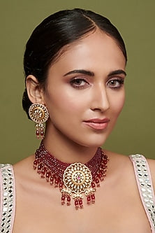 Gold Finish Red Beaded Choker Necklace Set