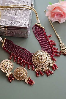 Gold Finish Red Beaded Choker Necklace Set